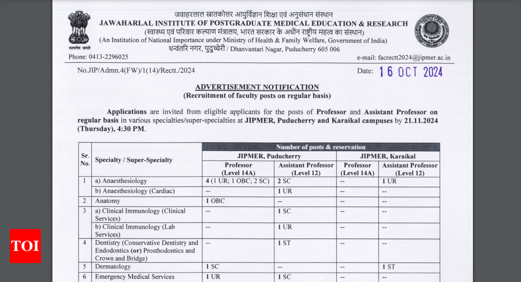 प्रोफेसर, असिस्टेंट प्रोफेसर पदों के लिए JIPMER संकाय भर्ती 2024: पंजीकरण 25 अक्टूबर से शुरू होगा, यहां अधिसूचना देखें |