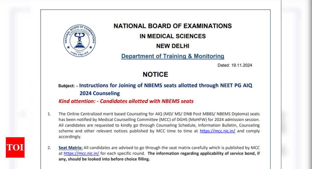 NEET PG 2024: NBEMS ने AIQ 2024 के माध्यम से आवंटित सीटों में शामिल होने पर सलाह जारी की, मुख्य विवरण यहां देखें