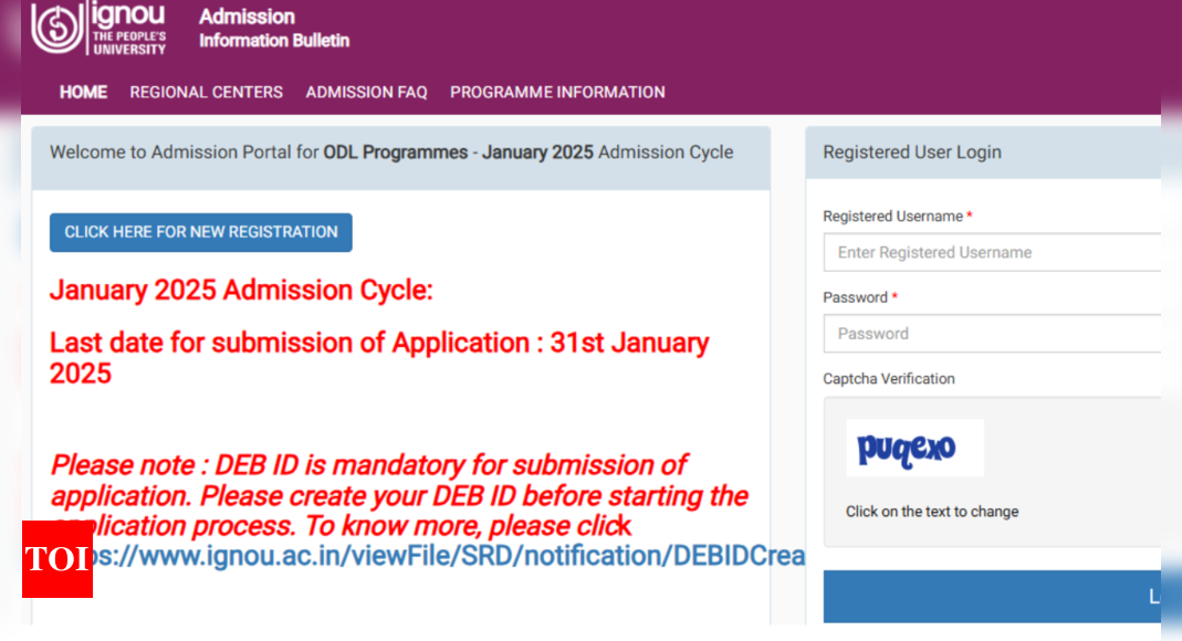 IGNOU जनवरी 2025 ODL कार्यक्रमों के लिए प्रवेश पंजीकरण कल समाप्त करने के लिए: यहां आवेदन करने के लिए प्रत्यक्ष लिंक की जाँच करें