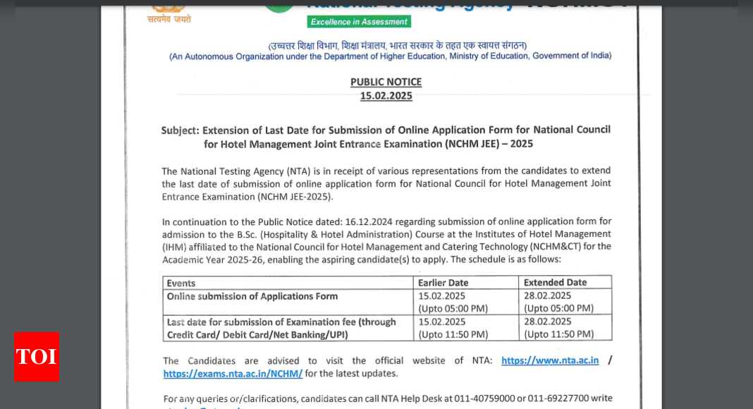 NCHM JEE 2025 एप्लिकेशन डेडलाइन विस्तारित: यहां रजिस्टर करने के लिए महत्वपूर्ण तिथियां और प्रत्यक्ष लिंक की जाँच करें