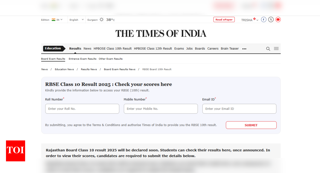 राजस्थान बोर्ड क्लास 10 वीं परिणाम 2025 घोषित: TOI पोर्टल पर जांच करने के लिए सीधा लिंक